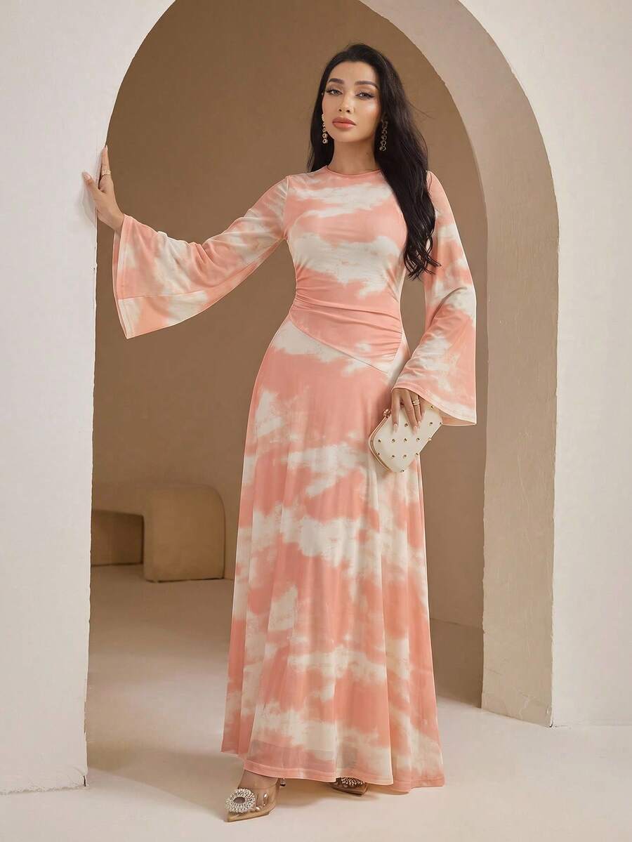 Veilorie Đầm dự tiệc kiểu Ả Rập thanh lịch, xếp ly, cổ tròn, nhuộm tie-dye dành cho nữ. - trái cam - Xem 1