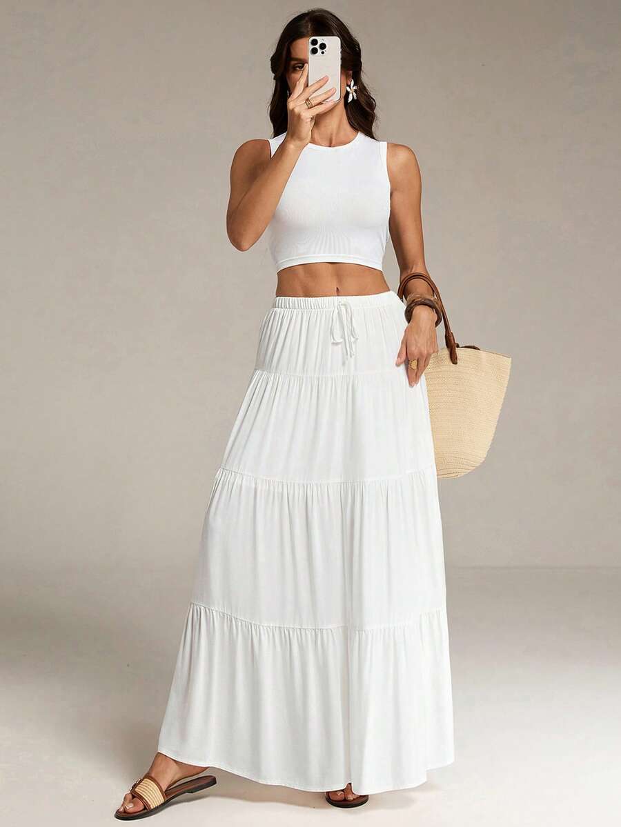 SHEIN Tall 2pcs Women Plain Cropped Tank Top And Long Skirt Set - White - View 1