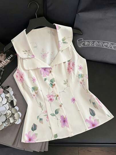 GlowEve CURVE Blusa sin mangas de talla grande para mujer con estampado floral, cuello de doble capa, decoración de botones metálicos, versátil, elegante, casual, para uso diario, salidas, estilo francés retro, romántico, playa, resort, verano