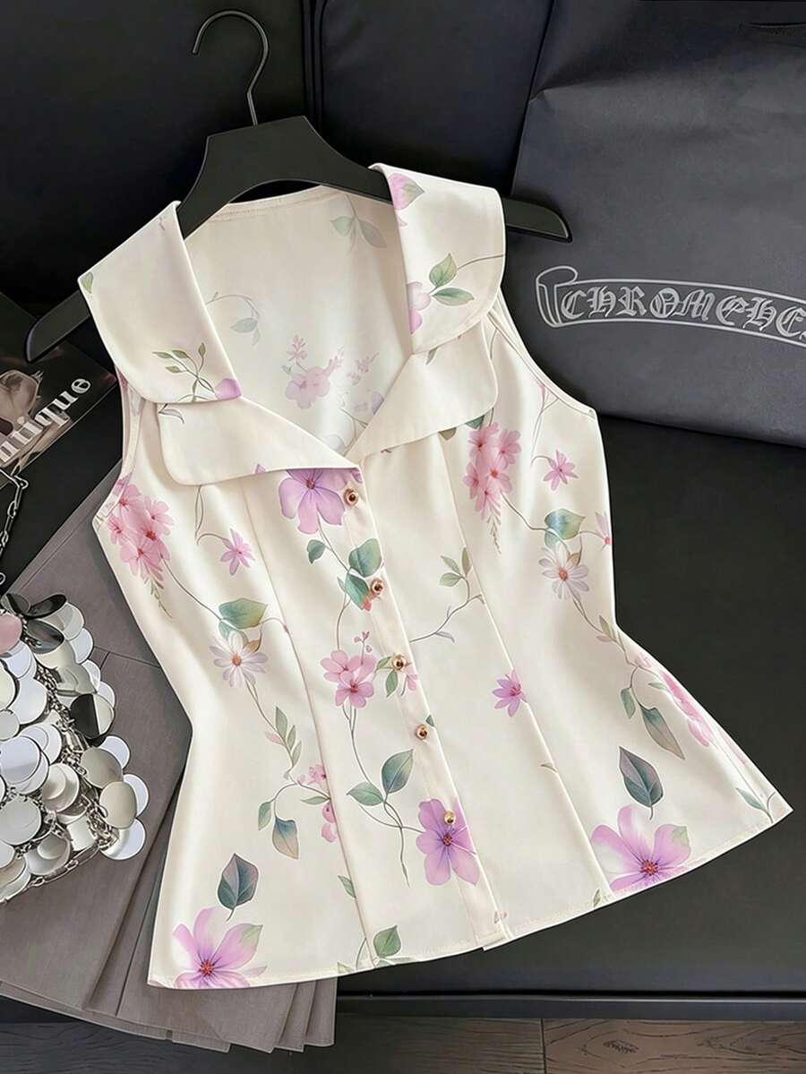 GlowEve CURVE Áo kiểu nữ cỡ lớn in hoa, cổ hai lớp, cài khuy kim loại, thời trang, đa năng, thanh lịch, thoải mái, phù hợp đi làm hàng ngày, dạo phố, phong cách Pháp cổ điển, lãng mạn, hẹn hò, đi biển, nghỉ dưỡng, mùa hè, không tay. - Nhiều màu - Xem 1