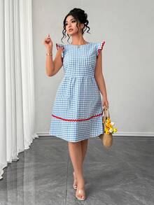 Elenzga Plus Size Summer Casual Plaid Patchwork Ribbon & Ruffle Hem Dress - Blue - View 6