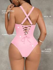 Shapewave Traje de baño de una pieza con control de abdomen y push-up, con parches de color marrón, espalda cruzada, cordón y diseño elegante y sexy para fiestas y piscina - Rosa Pálido - Ver 2