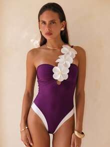 Swim Chiccia Đầm dự tiệc, đi biển, năm mới dệt kim họa tiết hoa, đầm đi biển gợi cảm với viền bèo nhún phối màu tương phản, đen trắng, liền thân, thích hợp cho mùa đông và Giáng sinh, bộ bikini mùa hè thanh lịch dành cho nữ. - Nhiều màu - Xem 7