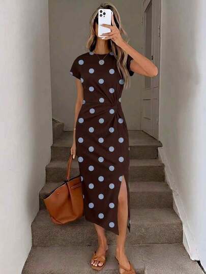 Easowa Brown & Blue Polka Dot Print Elegant Twist Waist High Slit Sleeveless Midi Dress, Women's Casual Knit Texture Bodycon Dress, Women's Birthday Outfit, Women's Fitness Set, Women's Wedding Guest Dress, Women's Office Wear,Summer Dresses For Women
