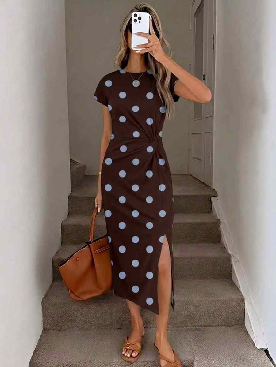 Easowa Đầm midi không tay, eo xoắn, xẻ cao, in chấm bi nâu và xanh dương, kiểu dáng thanh lịch, thích hợp mặc thường ngày, chất liệu dệt kim, thích hợp làm trang phục sinh nhật, đồ tập thể dục, váy dự tiệc cưới, trang phục công sở. - Nhiều màu - Xem 1