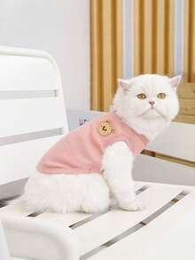 1PC Cartoon Bear Patched Pet Tank Cotton Summer Casual Streetwear Dog Clothes Cat Apparel Cute Comfortable Breathable Lightweight Daily Walk Outdoor Adventure Fashion Viral Matching Outfit Pet Owner Twinning Photoshoot Cool Stylish Modern - Pink - View 8