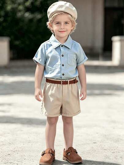 SHEIN Conjunto informal de camisa de manga corta con botones al frente en azul y pantalones cortos en beige para niño