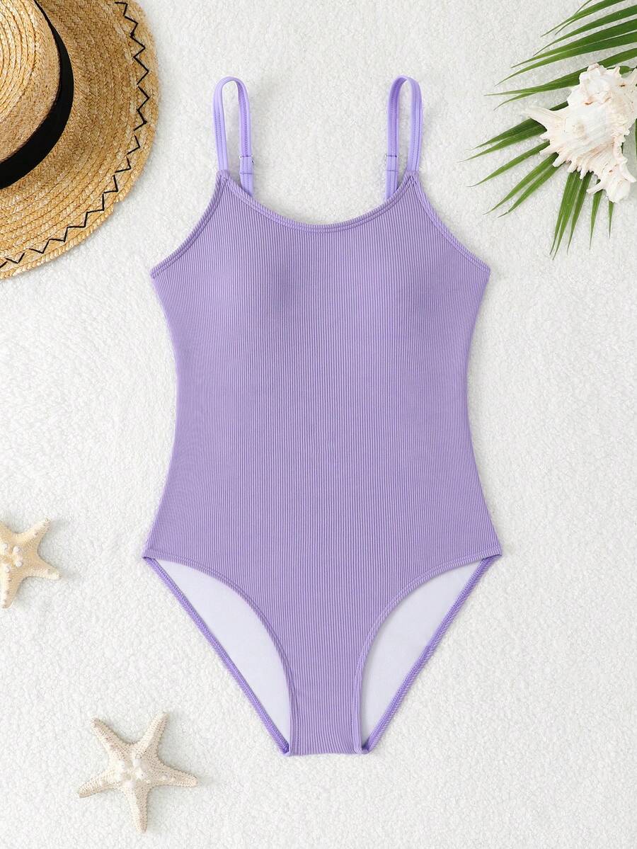 SHEIN Solid Color Textured Fabric Fashion One-Piece Swimsuit For Tween Girls - Purple - View 1