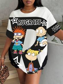 Nick 90s | SHEIN Áo thun nữ cỡ lớn mùa hè, phong cách thường ngày, in hình hoạt hình ngộ nghĩnh, chữ cái và ngôi sao, dáng rộng. - trắng - Xem 1