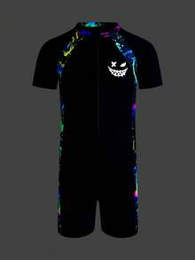 SHEIN Teen Boy Casual Black Two Pieces Swimwear With Shorts,Short Sleeve Fluorescent Ink Splatter Pattern For Summer,Streetwear,Beach,Holiday,Surfing - Multicolor - View 5