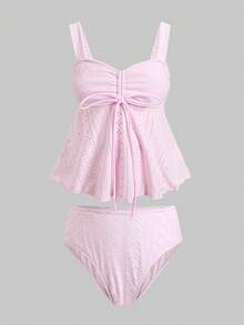 SHEIN 少女度假海滩夏季系带吊带背心泳衣套装 - 粉色 - 查看 4