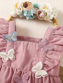 Pelele de verano casual con volantes y mariposas rosadas para bebé niña recién nacida - Rosa - Ver 4