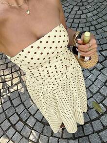 SHEIN EZwear Plus Size Women Polka Dot Print Ruched Strapless Casual Dress - Apricot - View 1