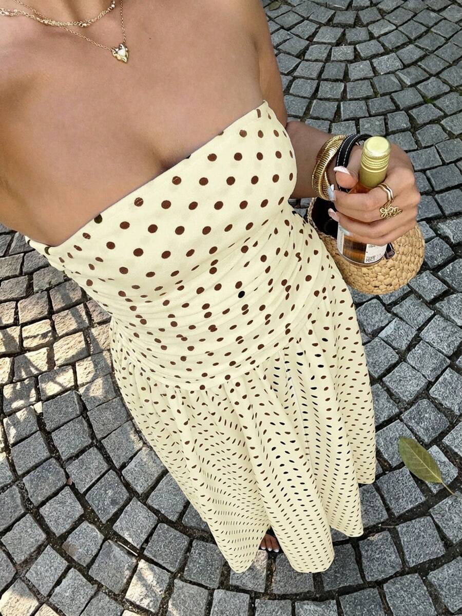 SHEIN EZwear Plus Size Women Polka Dot Print Ruched Strapless Casual Dress - Apricot - View 1