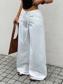 Rivivi Jeans droits décontracté pour femmes, de couleur unie avec ceinture, polyvalents pour un port quotidien - Blanc - Voir 6