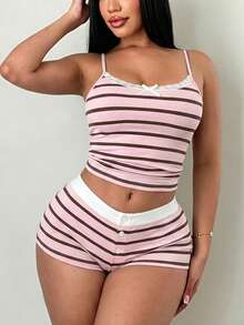 SHEIN SXY Bộ đồ hai món phong cách tối giản thường ngày, màu hồng và nâu kẻ sọc dễ thương, thích hợp cho mùa xuân/hè. - trắng - Xem 8
