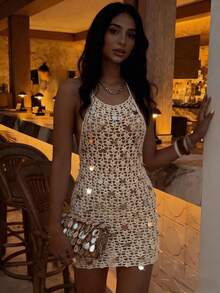 Selianne Đầm dệt kim ren rỗng, ôm dáng, gợi cảm thời trang Xuân/Hè, thiết kế đính sequin, dây mảnh, hở lưng, kiểu dáng nghỉ dưỡng, đầm đi biển không tay dành cho nữ. - Màu be - Xem 1