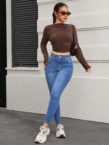 SHEIN PETITE Women's Solid Color Slant Pocket Skinny Casual Versatile Jeans ,Petite Women - Light Wash - View 3
