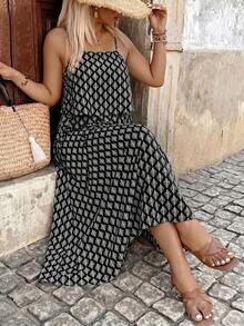 Breezaya Plus Size Full Print Camisole Dress - Black and White - View 1