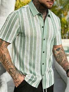 VENTUSAIL Men's Contrast Stripe Print Button Front Casual Short Sleeve Shirt, Holiday - Green - View 7