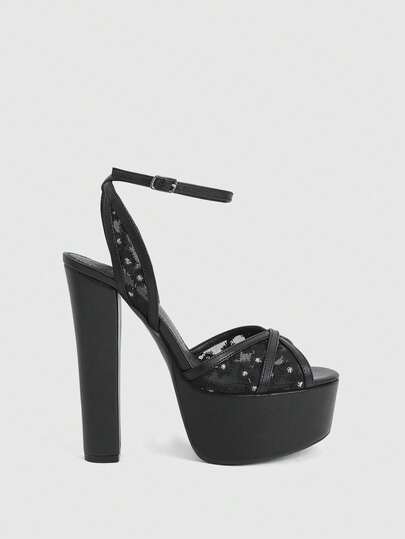 CUCCOO LuxiPop Outdoor Women's Round Head Thick High-Heeled Waterproof Table, Black Mesh Pu Double-Parcel Fabric, Fashionable, Breathable And Comfortable, Buckle For Daily Parties And Banquets, Heel Sandals, Nightclub Party Style, Suitable For Spring And Summer, Holiday Season 2000's Style, Holiday Atmosphere, Summer Wear, Travel Must-Have