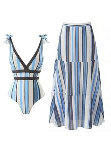 Swim Oasis Printed Deep V-Neck Strap Tie One-Piece Mesh Long Dress Women Swimsuit Set - Multicolor - View 3