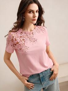 Anewsta Pink T-Shirt With Lace Embroidery Patchwork Hollow-Out Design, Unique Aesthetic Short Sleeve Top, Suitable For Valentine's Day, Summer Beach, New Year - Pink - View 7