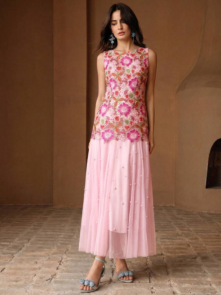 Colorful Water-Soluble Lace Contrast Mesh Bubble Bead Decorated Dress