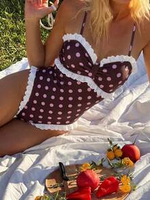 Swim Mod Traje de baño de una pieza con estampado de lunares y encaje para mujer, lindo y dulce para vacaciones en la playa, verano - Multicolor - Ver 3