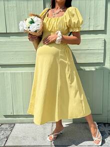 SHEIN Maternity Summer Solid Color Ruched Side Tie Wrap Puff Sleeve Dress - Yellow - View 8