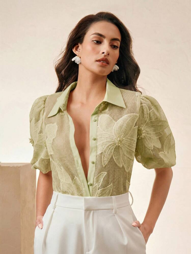 Solid Color Hollow Sexy Short Sleeve Women Blouse, Suitable For Spring, Summer, Elegant, Vacation, Beach