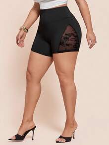 SHEIN BAE Quần short nữ cỡ lớn màu đen phối lưới nhung. - màu đen - Xem 7