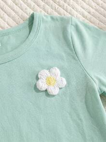 SHEIN Playful Pals 女婴/幼儿碎花圆领短袖T恤和格子裤套装 - 薄荷綠 - 查看 8