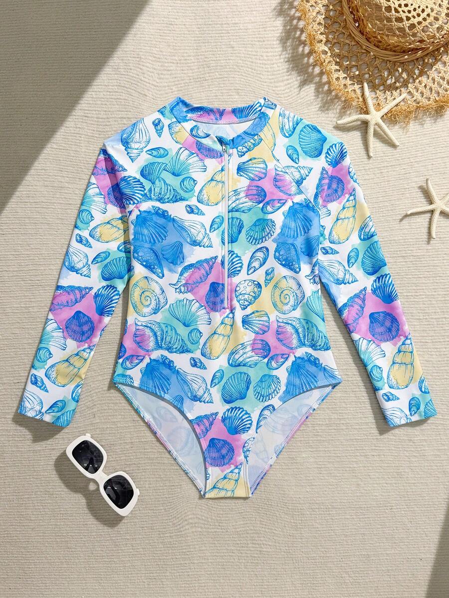 SHEIN 少女连体泳衣，多色贝壳和海螺印花，易穿脱，儿童插肩拉链泳衣，时尚休闲优雅女士款，适合游泳、度假、夏季穿着（印花随机）