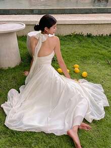 DAZY Robe mi-longue élégante de couleur unie plissée dos nu licou pour femmes, petite taille d'été - Blanc - Voir 3