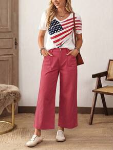 EMERY ROSE Plus Size Women Casual Loose Fit Wide Leg Jeans, Suitable For Vacation, Daily Commute - Red - View 4