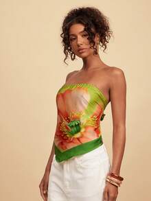 Travachic Top halter sin espalda con nudo delantero y estampado floral, adecuado para vacaciones de primavera/verano - Multicolor - Ver 6