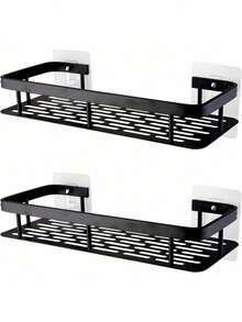 1/2Pcs No-Drill Large Wall-Mounted Shower Caddy, Space-Saving Floating Shelf For Bathroom Kitchen, Toiletries Storage Organizer - Black - View 9