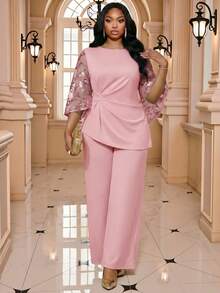Fleurora Bộ đồ 2 món cỡ lớn gồm áo và quần phối lưới đính sequin, màu hồng. - Hồng - Xem 4