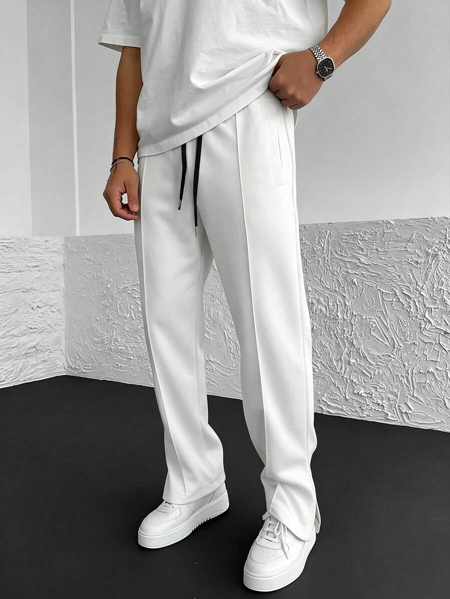 HUEFORM Men's Casual Versatile Pleated Drawstring Waist Pocket Sweatpants - White - View 1