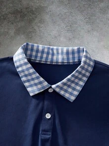 Manfinity RebelGame 男士優雅學院風休閒拼接 Polo 衫，適合通勤、度假、父親節禮物、足球運動 - 彩色 - 查看 4