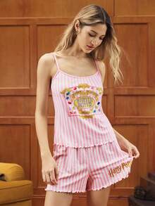 HARRY POTTER X SHEIN 女士条纹字母印花吊带背心和短裤睡衣套装 - 粉色 - 查看 3
