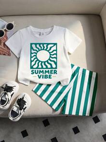 SHEIN Playful Pals 2pcs/Set Baby Boys' Summer Sunshine Print Round Neck T-Shirt And Elastic Waist Shorts,Green And White Striped Casual Beach Outfit,6 Months To 3 Years - Multicolor - View 3