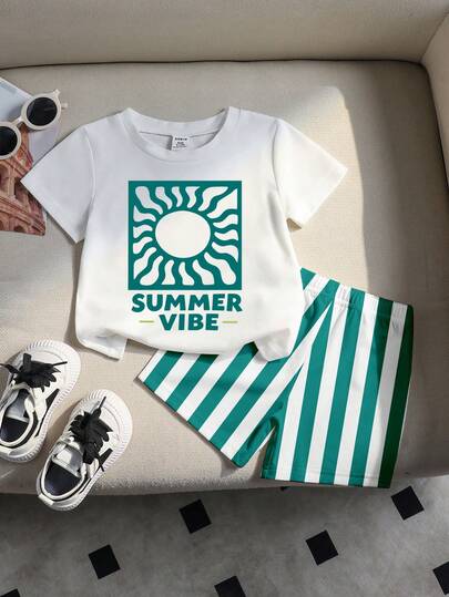 SHEIN Playful Pals 2pcs/Set Baby Boys' Summer Holiday Sunshine Print Round Neck Short Sleeve T-Shirt And Elastic Waist Striped Matching Shorts Set, Infant Clothing, Baby Boy T-Shirt Set, Summer Outfit, Suitable For 6 Months To 3 Years Old, Beach Holiday Style, Casual Holiday Style