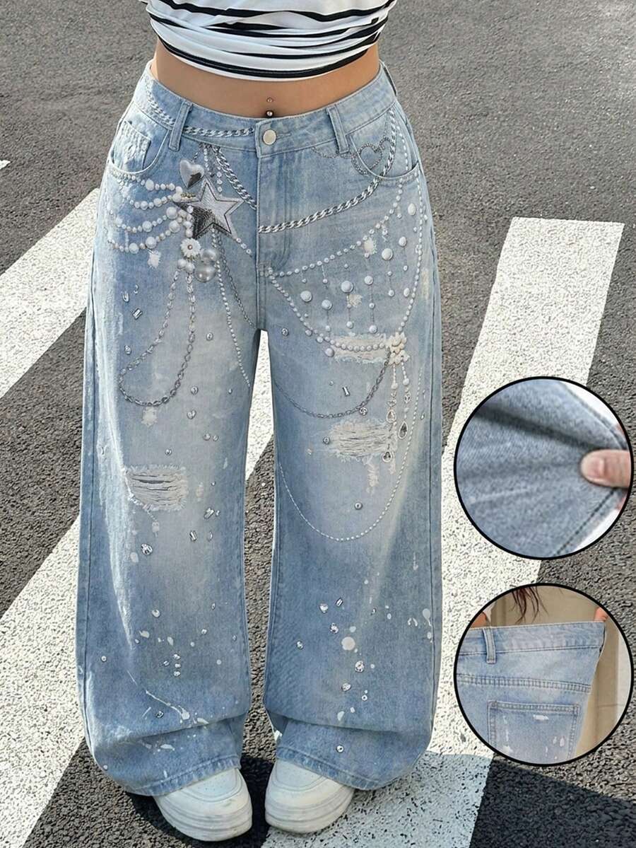 Muchica Plus Size Women's Chain Print Pocket Distressed Wide Leg Jeans - Blue - View 1