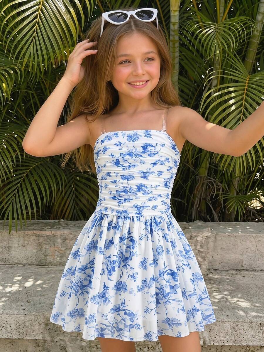 SHEIN Tween Girl Knit Floral Mesh Ruched Snug Fit Casual Tube Dress - Blue - View 1