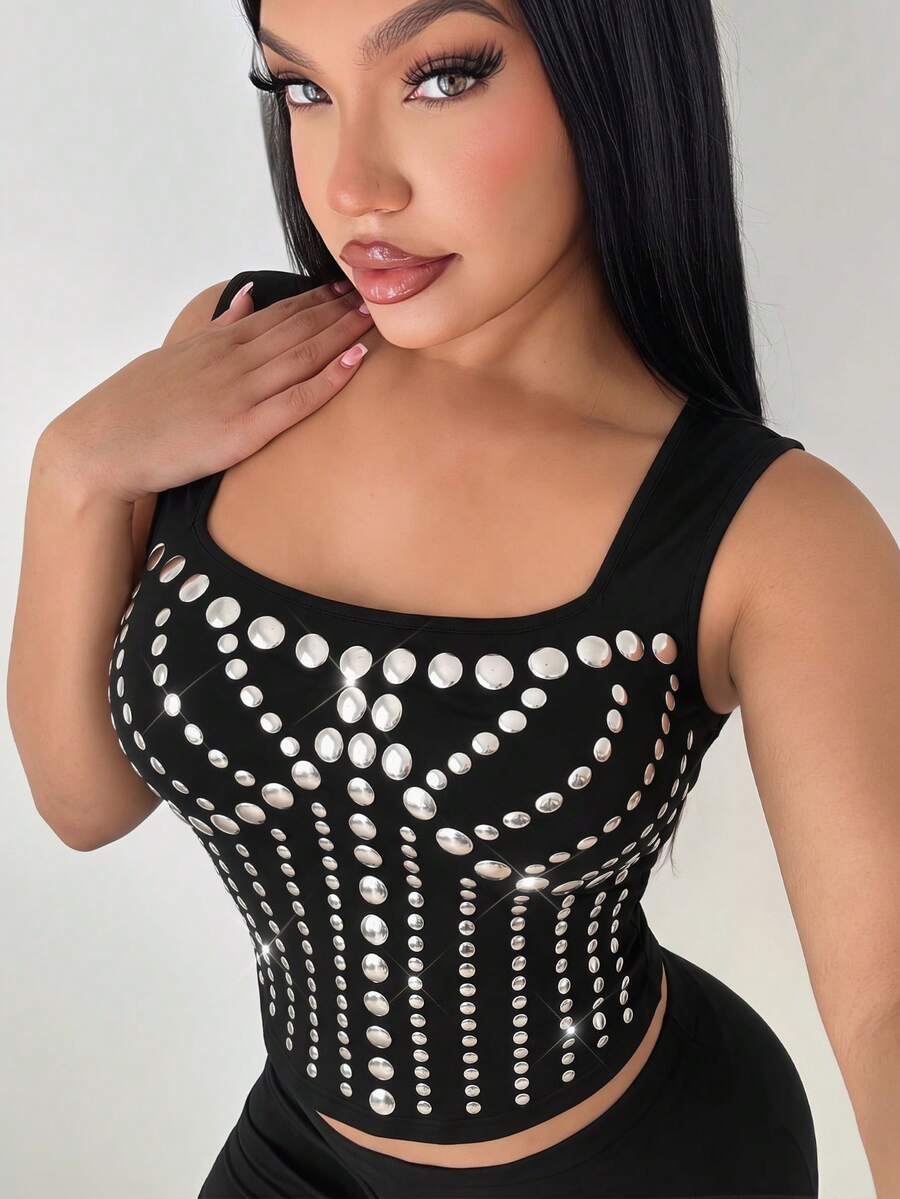 SHEIN SXY Y2K黑色性感夜店街头露脐上衣 - 黑色 - 查看 1