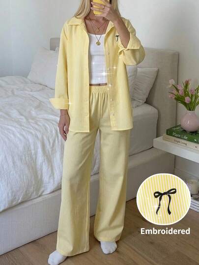 SHEIN Teen Girls Casual Street Woven Striped Bow Tie Logo Embroidery Loose Drop Shoulder Shirt And Wide Leg Pants Set, Suitable For Spring/Summer, Spring Outing, Casual Outings, Back To School