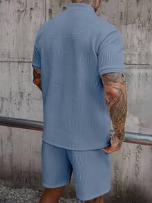Manfinity Homme 男士拉链短袖polo衫和短裤休闲套装 - 霧霾藍 - 查看 2