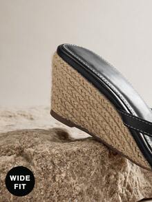 SHUZIA Beautiful Women's Black Faux Leather Pu Wide-Fit Short Espadrille Thong Wedge, Non Slip Slide-In Comfort Square Toe Spring Summer Chic Holiday Beach Fun Shoes Plus Size - Black - View 6
